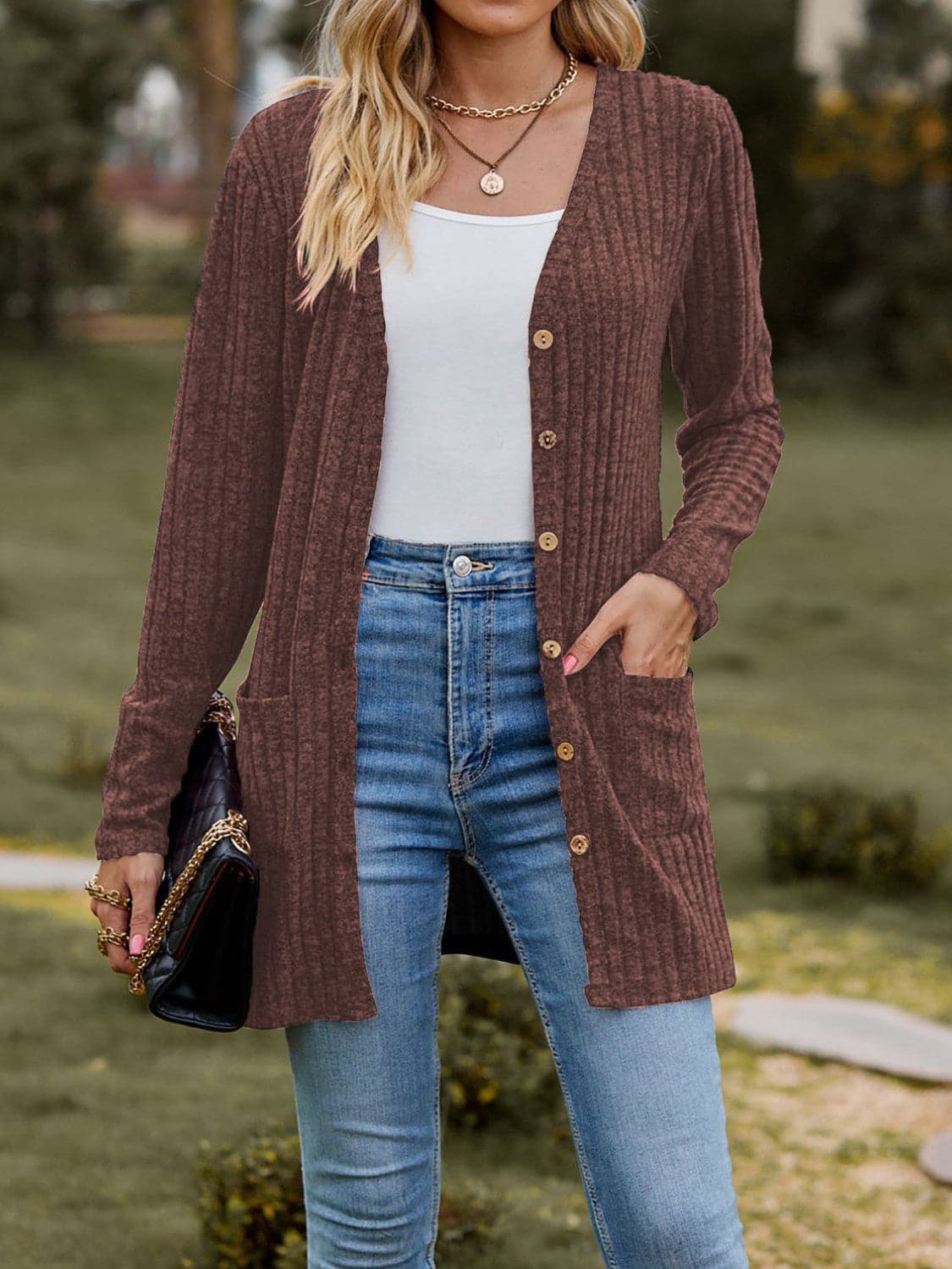 Ribbed Button Up Long Sleeve Cardigan.