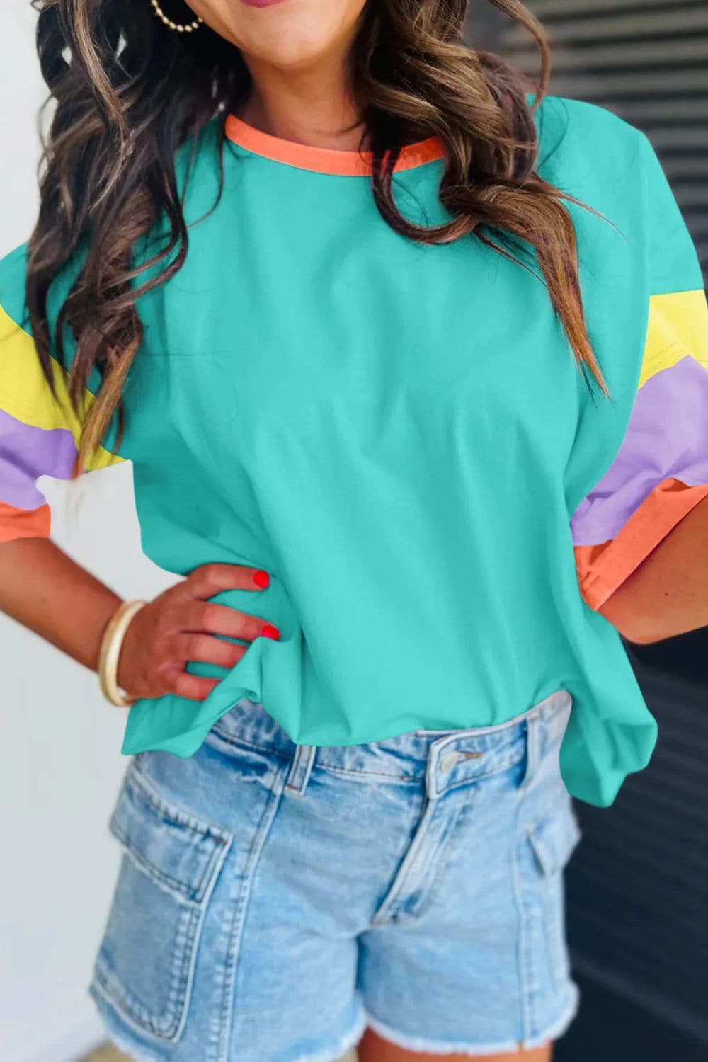 Color Block Round Neck Half Sleeve T-Shirt.