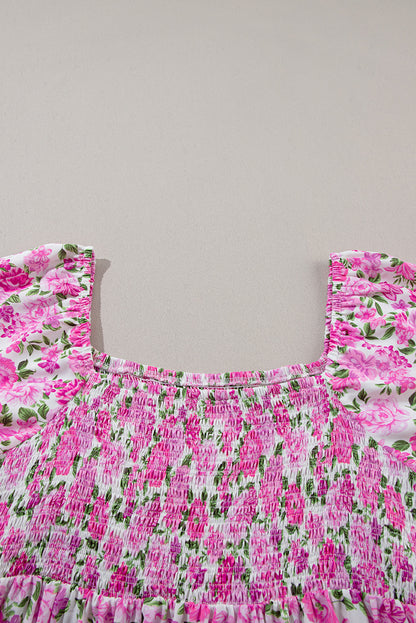 Pink Plus Size Floral Print Smocked Puff Sleeve Dress