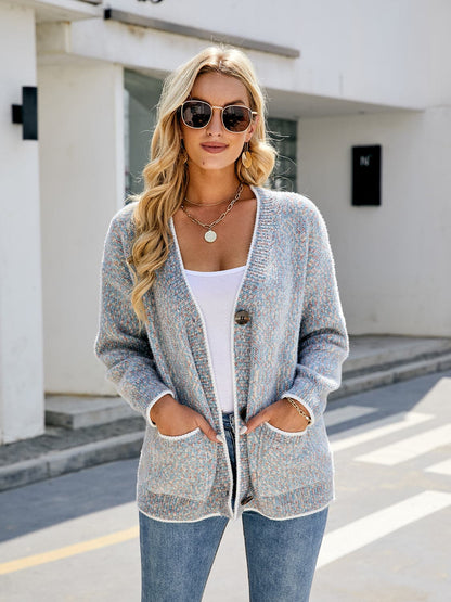 Button Down V-Neck Cardigan with Pockets.