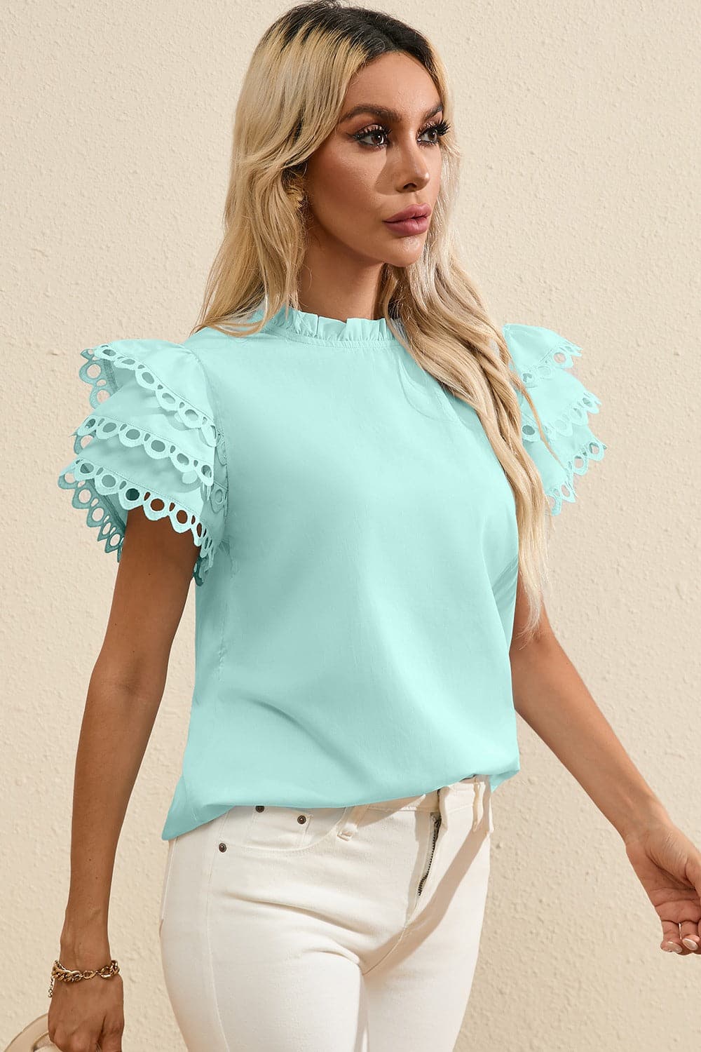 Ruffled Eyelet Round Neck Cap Sleeve Blouse.