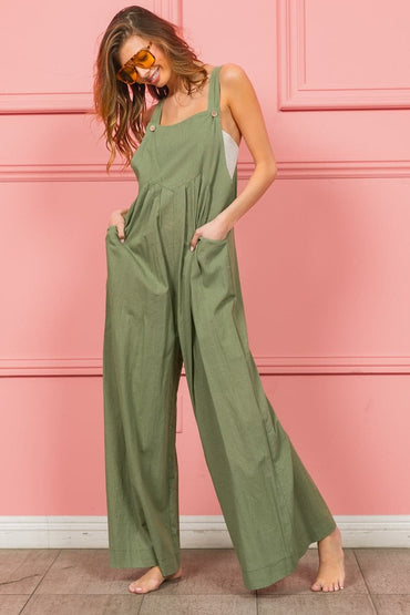 BiBi Ruched Wide Leg Overalls with Pockets.