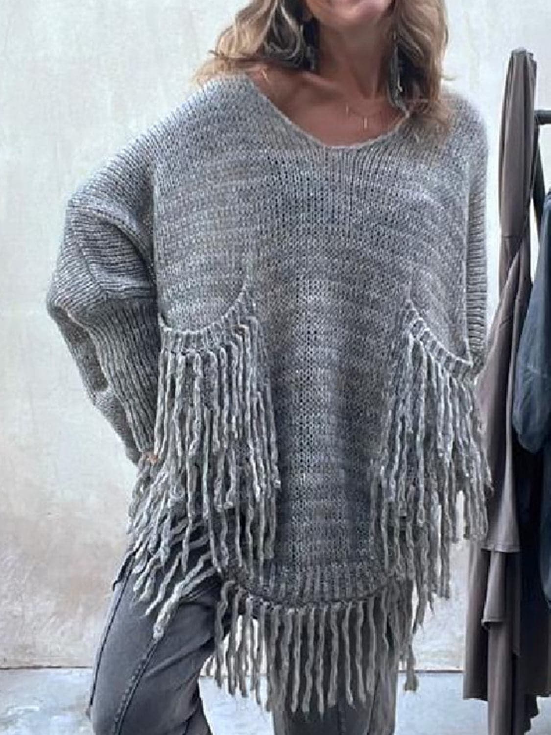 Fringe Detail Long Sleeve Sweater with Pockets.