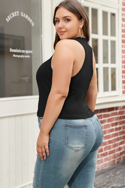 Chic black plus size ribbed tank top with zipper front detail