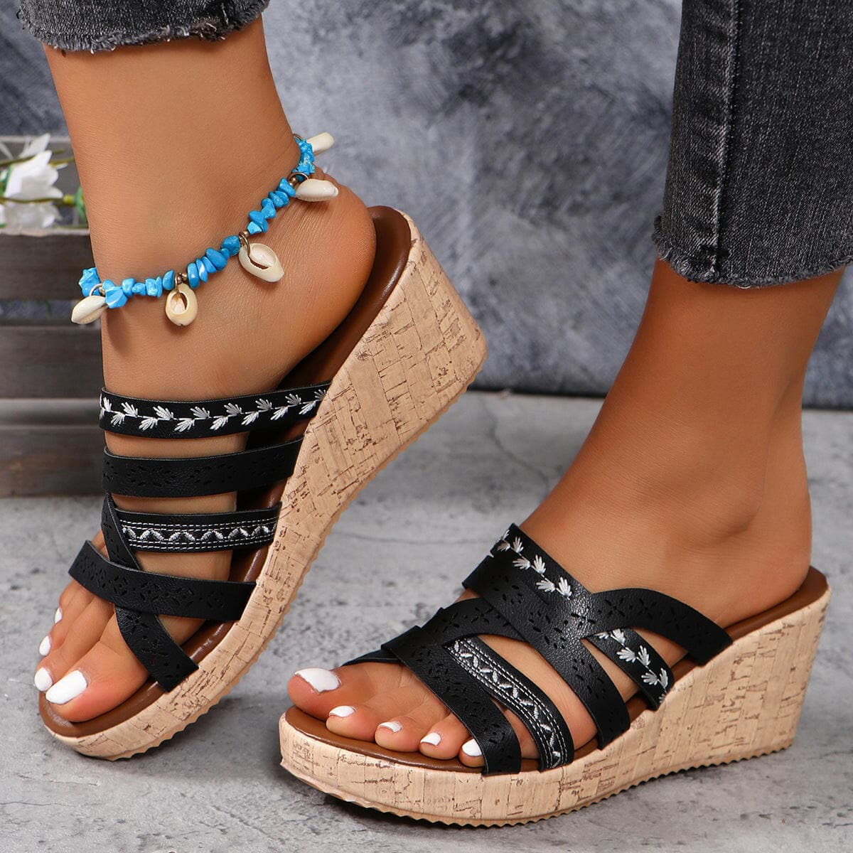 PU Leather Crisscross Wedge Sandals.