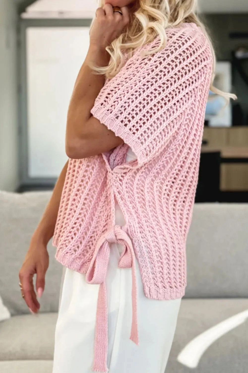 Hollow-out Crochet Side Tied Short Sleeve Knit Cover Up Simply Love