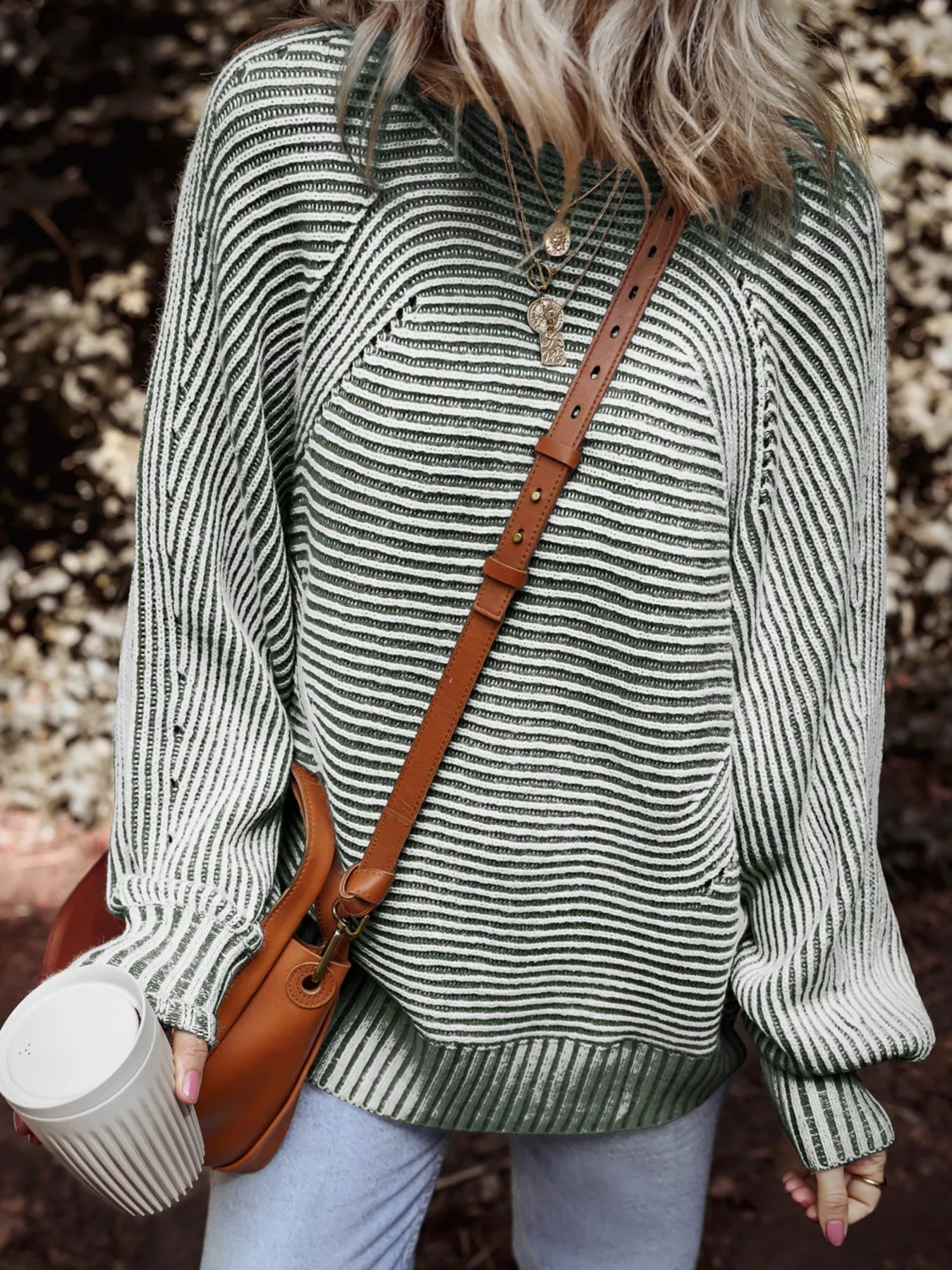 Striped Ribbed Knit Boat Neck Baggy Sweater Simply Love
