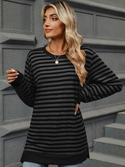 Striped Round Neck Long Sleeve T-Shirt.