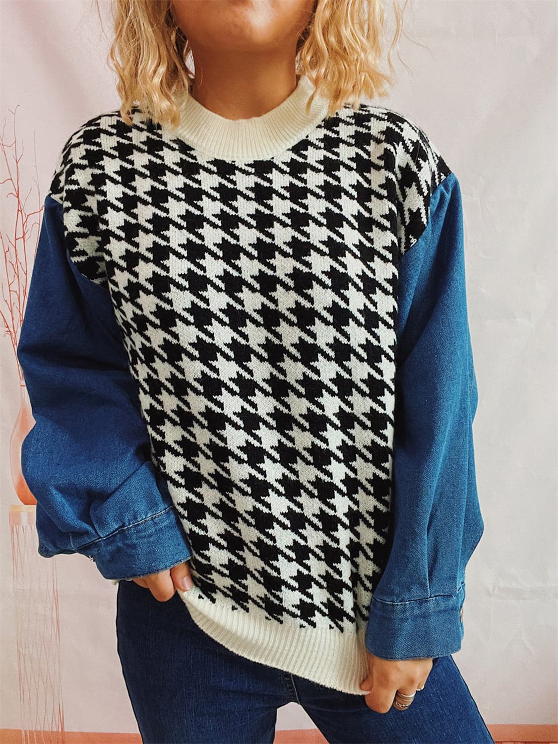 Houndstooth Denim Sleeve Sweater.