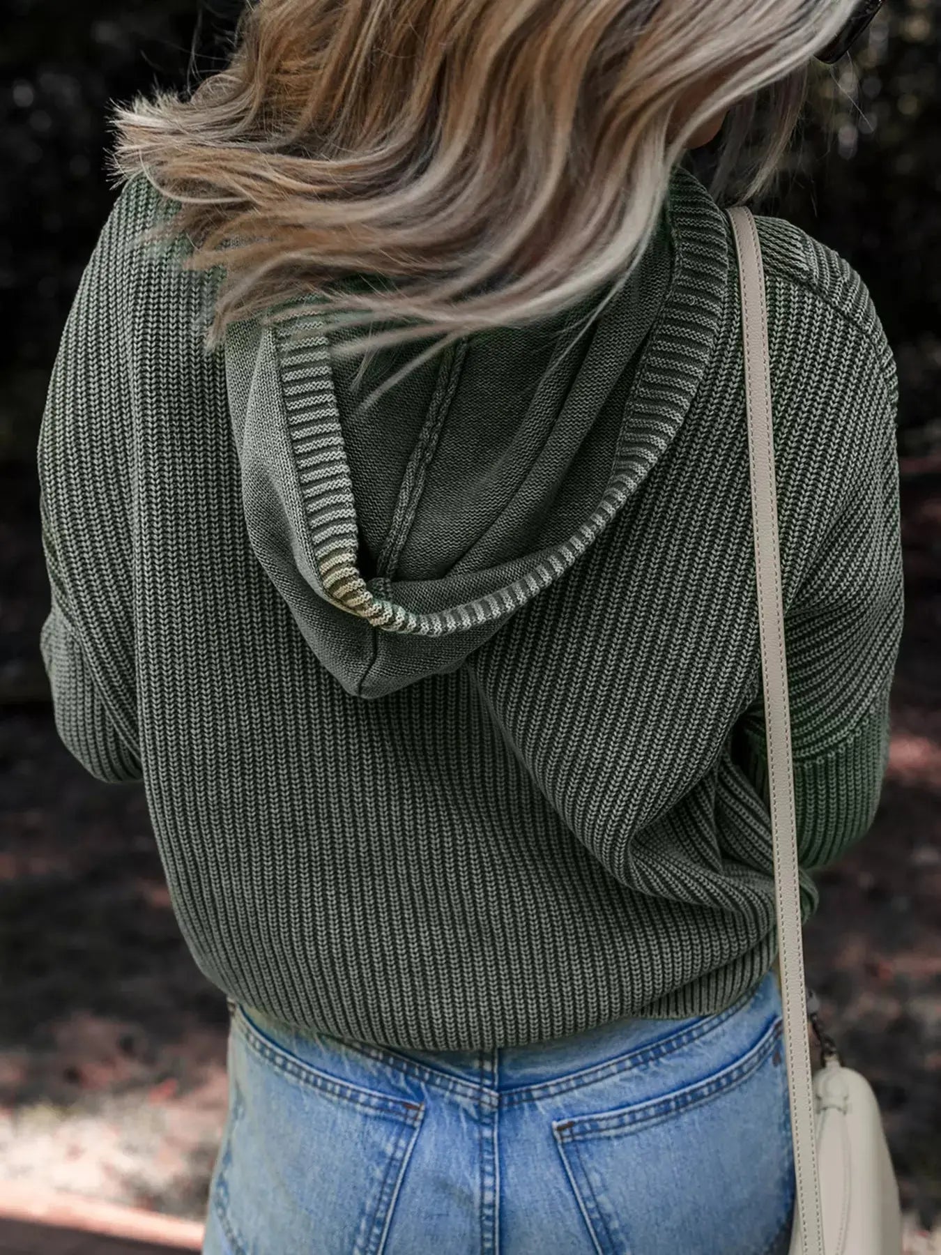 Mineral Wash Ribbed Knit Button Drawstring Neck Hooded Sweater Simply Love