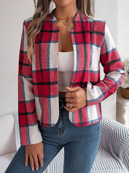 Plaid Open Front Long Sleeve Jacket