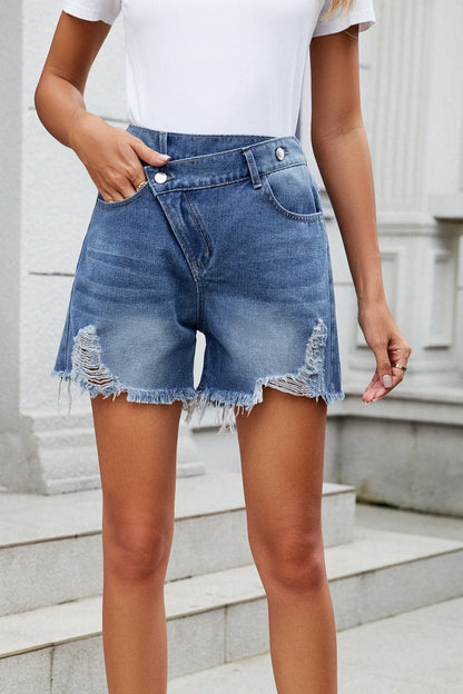 Distressed Raw Hem Asymmetric Waist Denim Shorts.