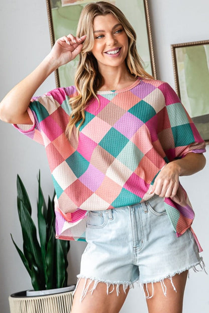 HOPELY Full Size Multi Colored Argyle Side Slit T-Shirt.