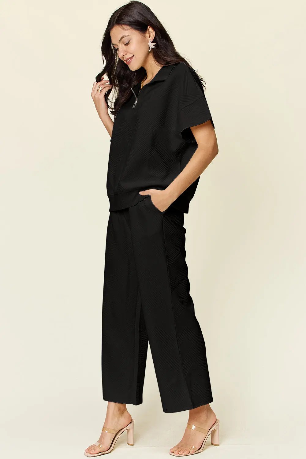 Double Take Full Size Texture Half Zip Short Sleeve Top and Pants Set - Love Salve