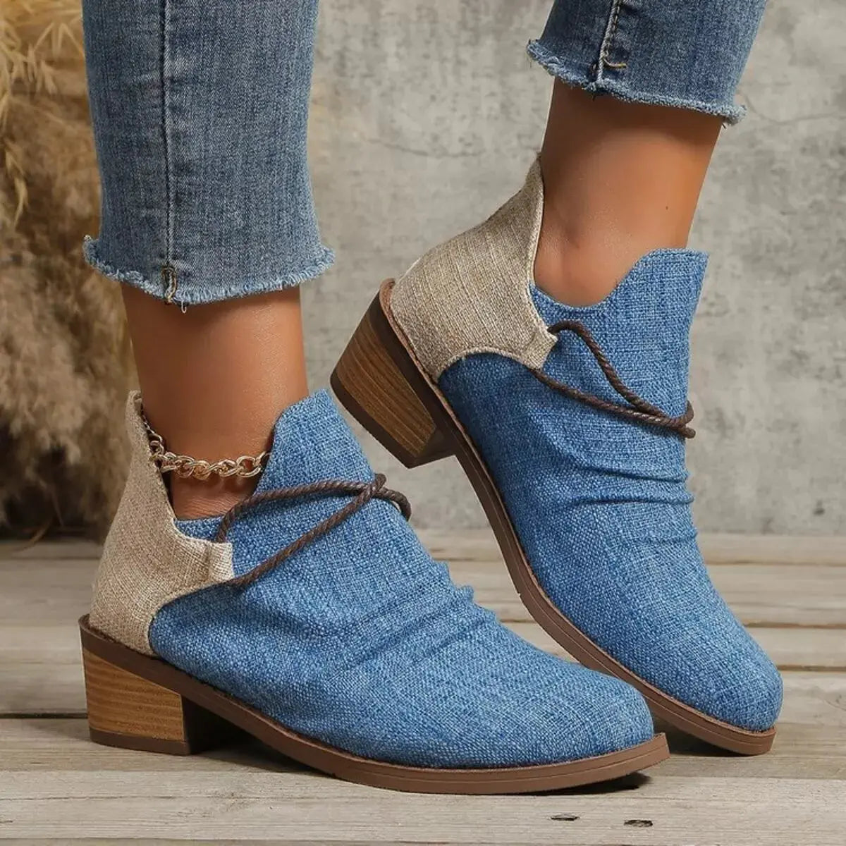 Two Tone Denim Block Heel Ankle Boots Beige Accent Simply Love