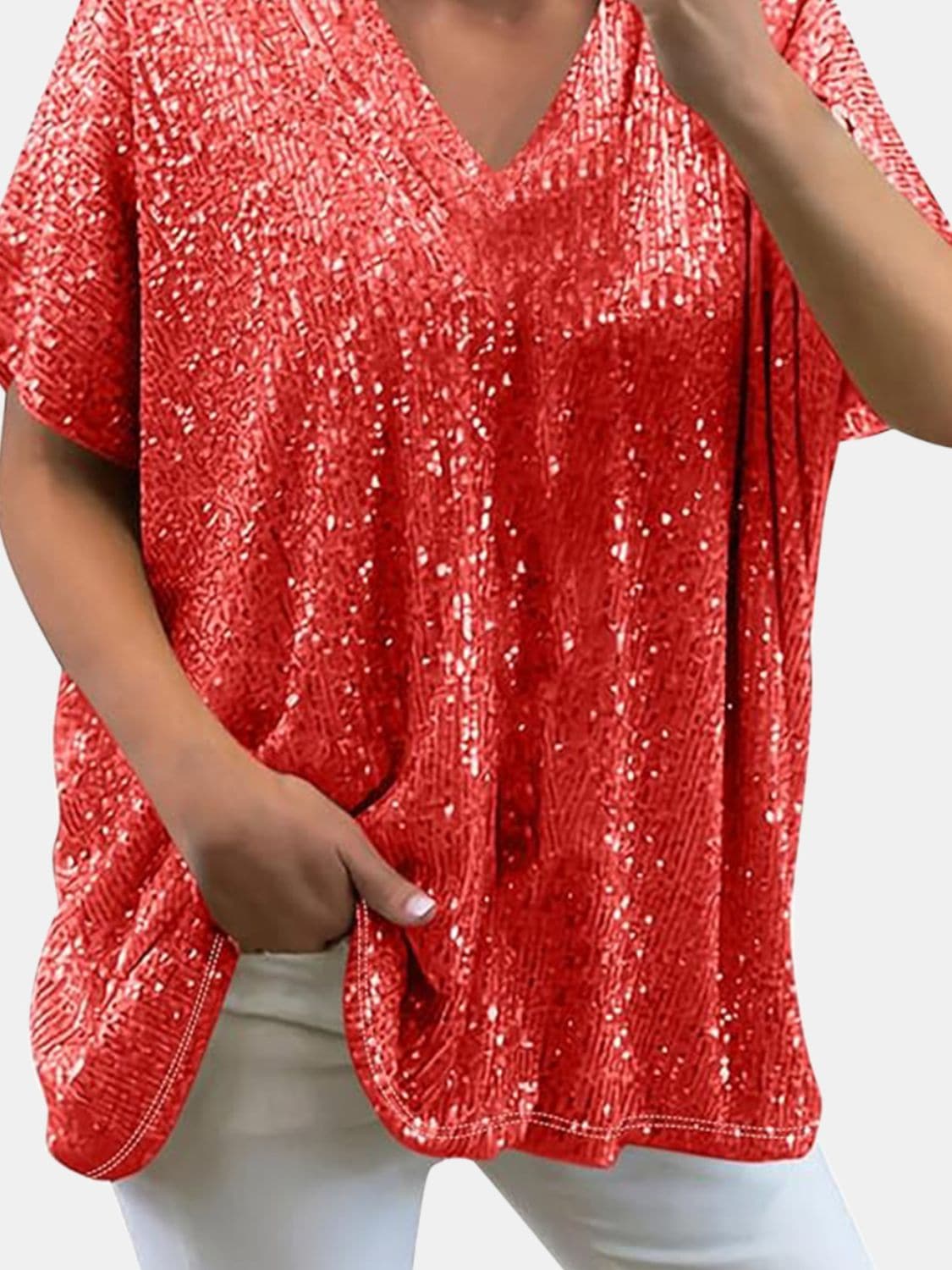 Full Size Sequin V-Neck Short Sleeve Top.