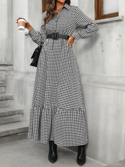 Ruffle Hem Plaid Long Sleeve Dress.