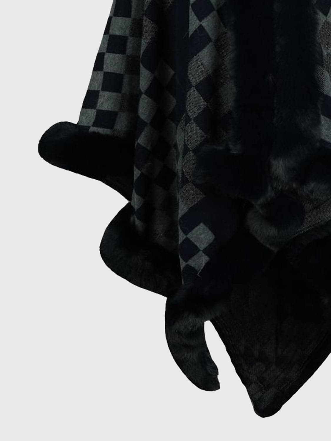 Checkered Faux Fur Trim Poncho.