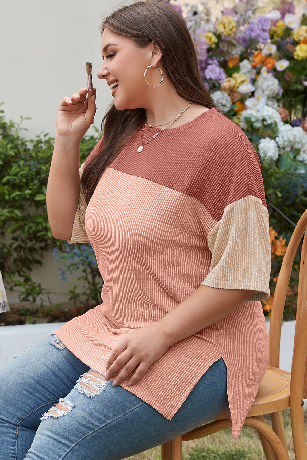 Chic rose pink ribbed colorblock tee for plus sizes