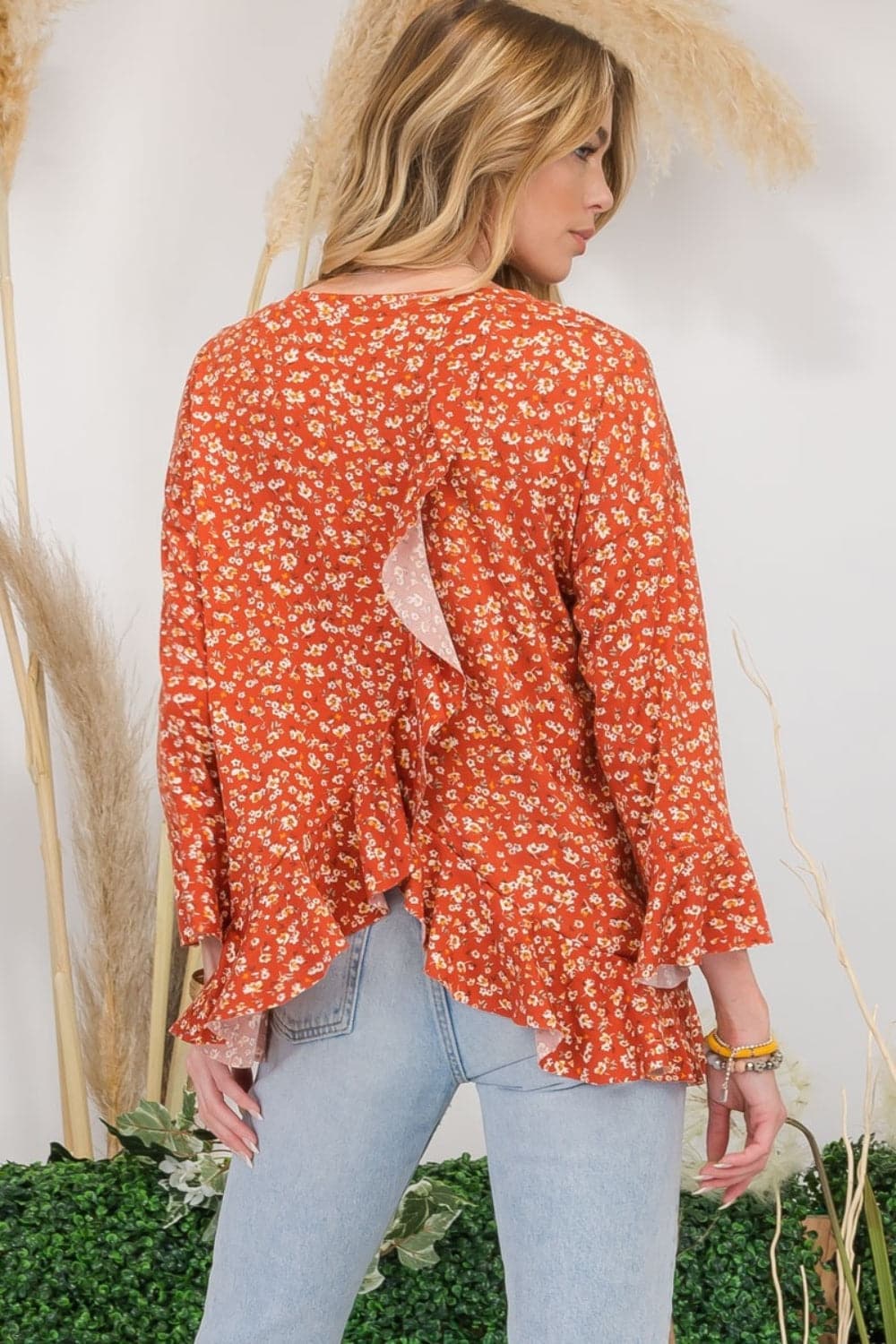 Celeste Full Size Floral Ruffle Detail Top.