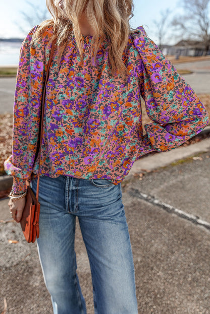 Charming purple floral frilled blouse with shirred cuffs