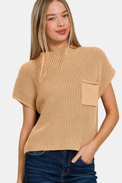 Zenana Mock Neck Short Sleeve Cropped Sweater.