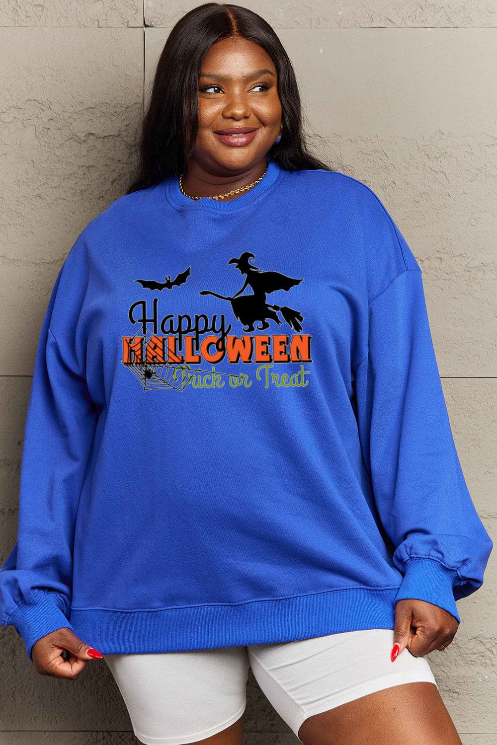 Simply Love Full Size HAPPY HALLOWEEN TRICK OR TREAT Graphic Sweatshirt.