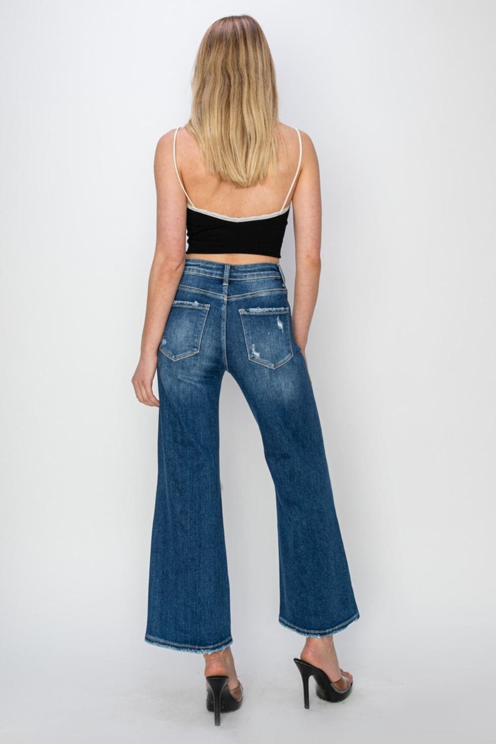 Risen Full Size High Rise Patch Detailed Wide Leg Crop Jeans.