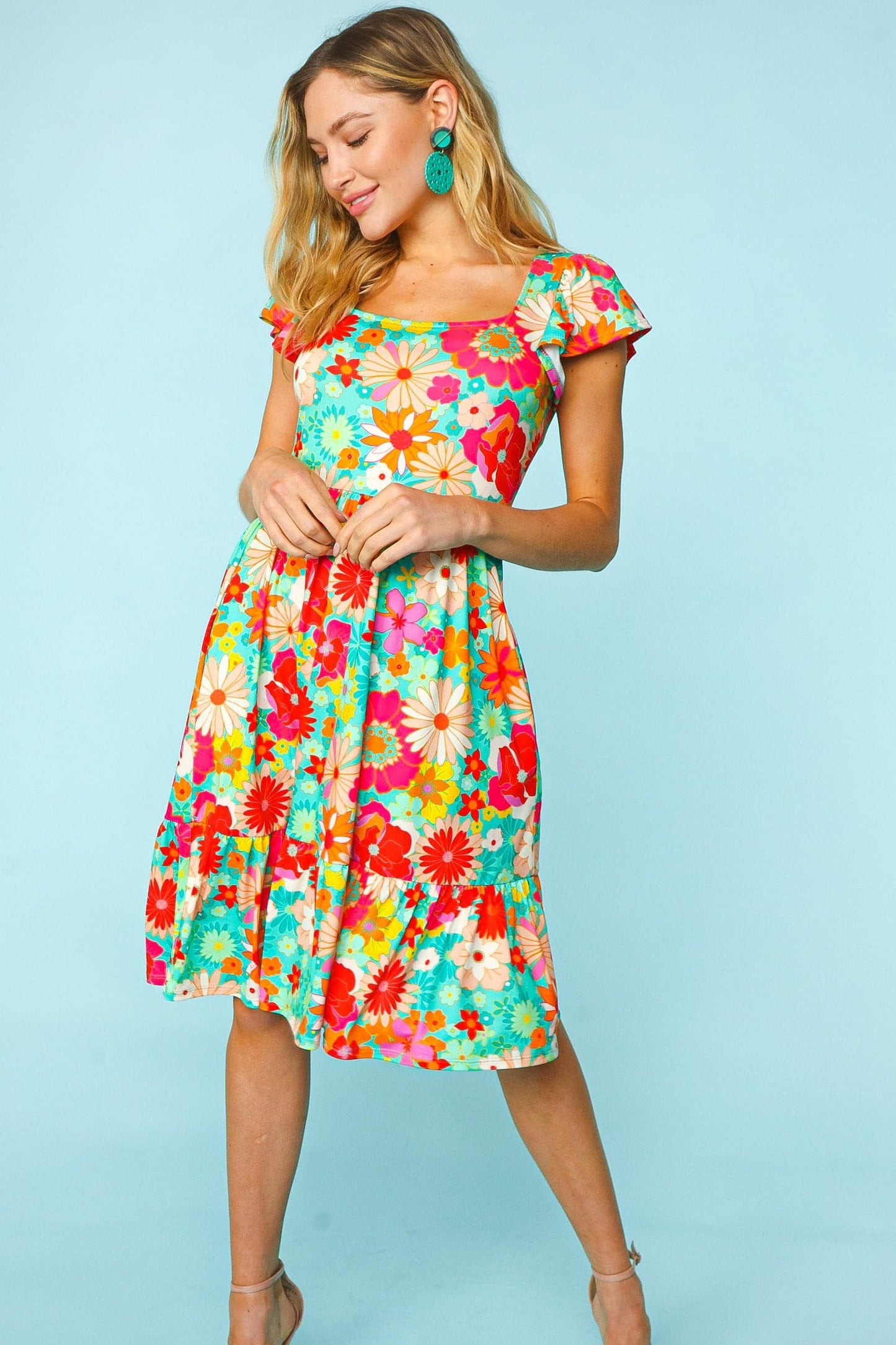 Haptics Floral Square Neck Short Sleeve Dress.