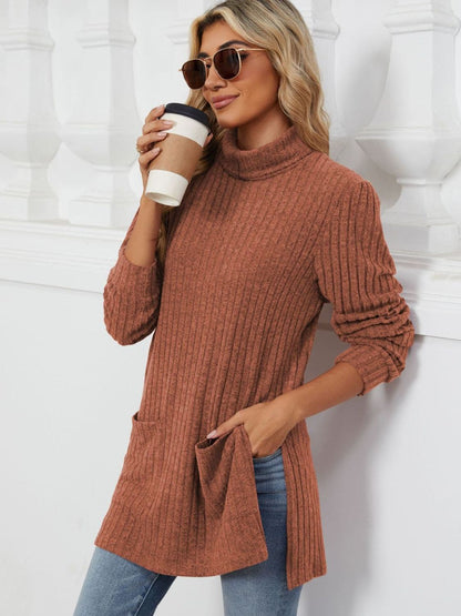 Slit Mock Neck Long Sleeve T-Shirt.