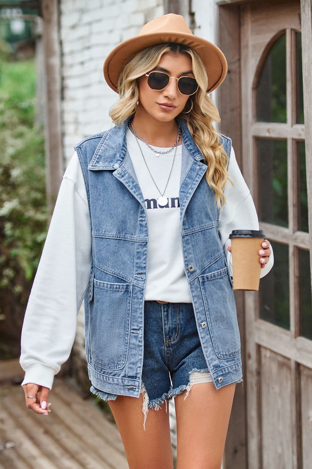 Sleeveless Denim Top with A Detachable Hood.