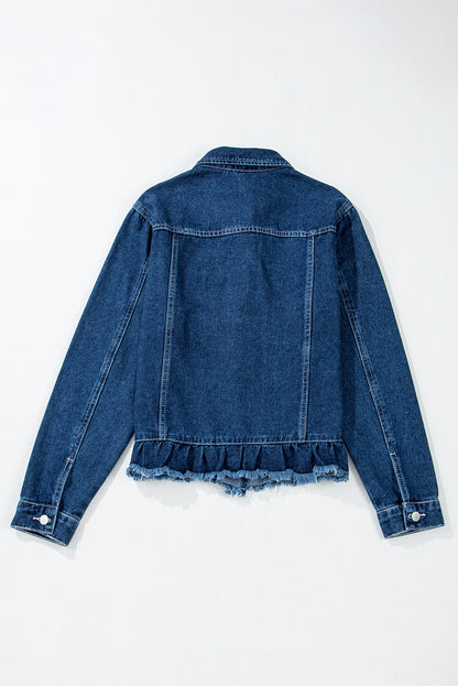 Navy Blue Ruffle Raw Hem Flap Pockets Denim Jacket