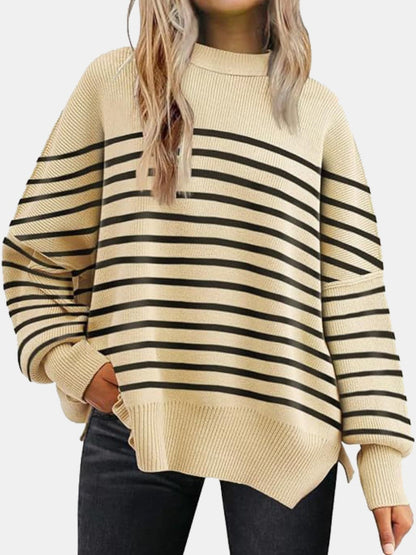 Round Neck Drop Shoulder Slit Sweater.