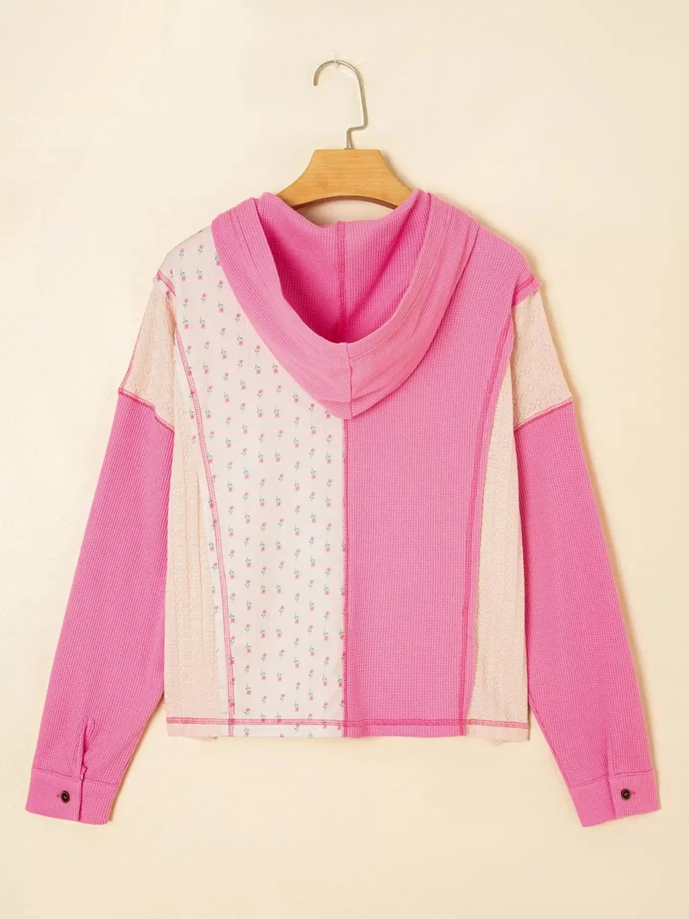 Mixed Texture Waffle Floral Patchwork Hooded Oversize Pullover Simply Love