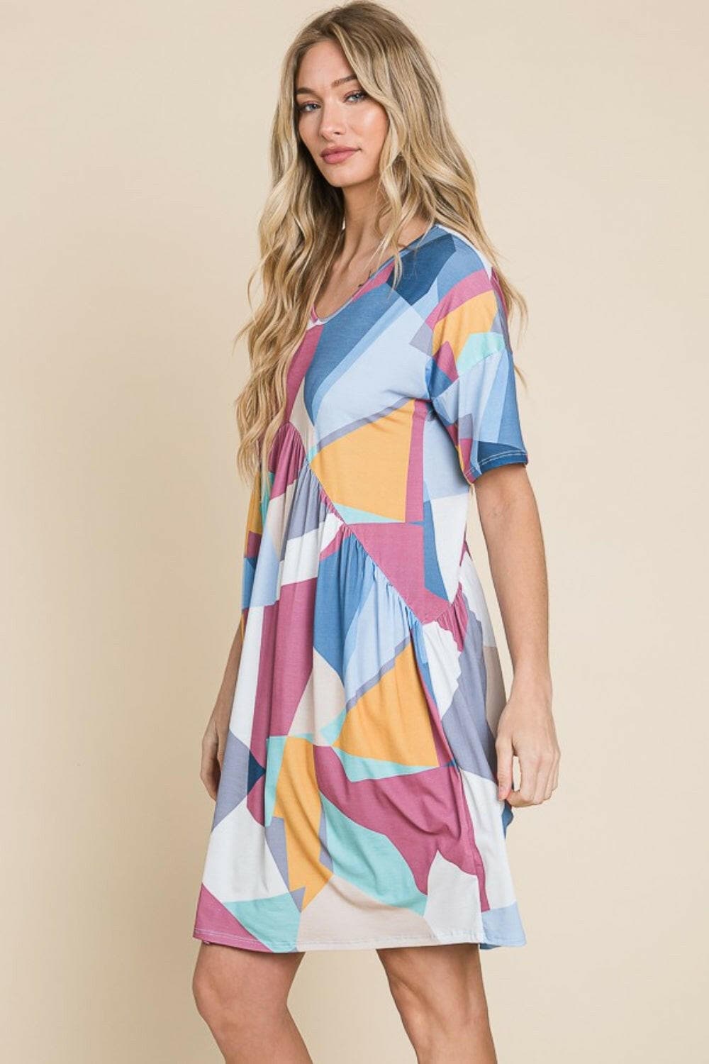 BOMBOM Ruched Color Block Short Sleeve Dress.