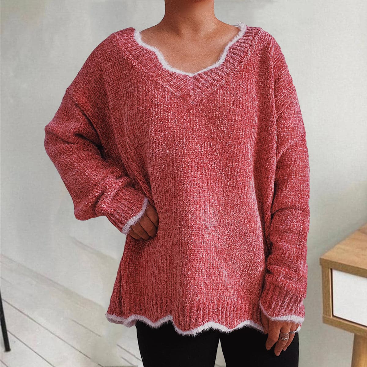 V-Neck Drop Shoulder Long Sleeve Sweater.