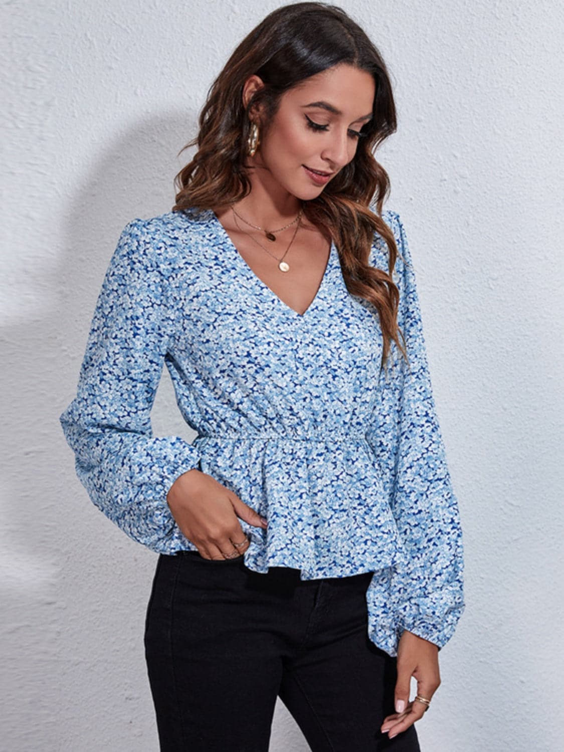 Ruched Printed V-Neck Long Sleeve Blouse.