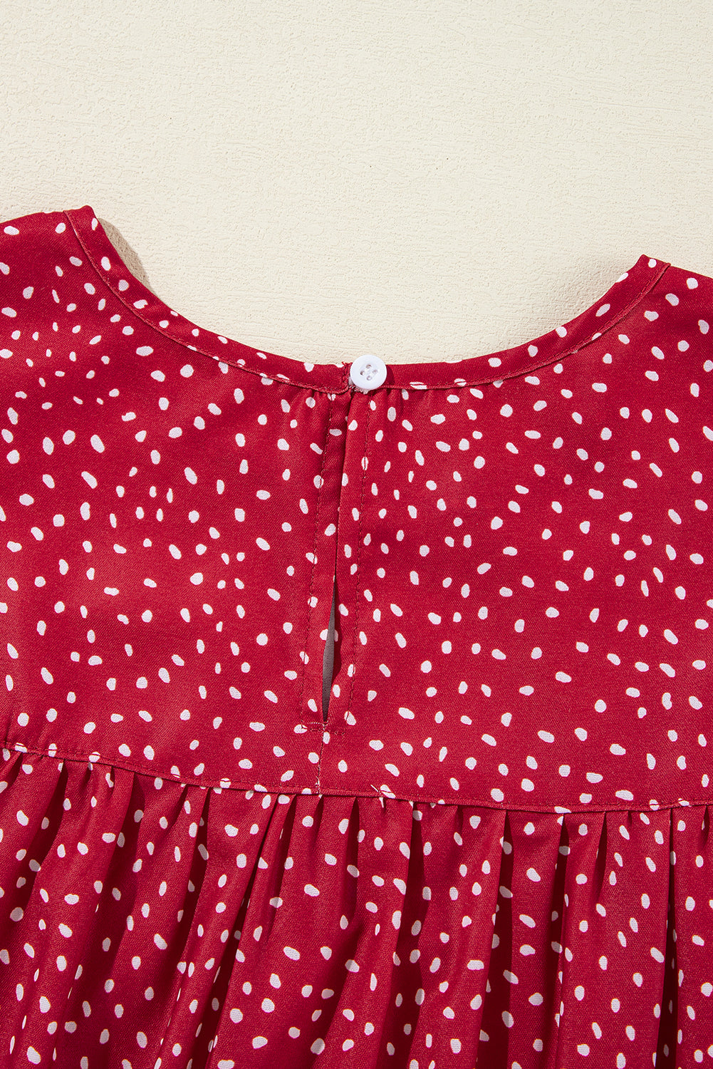 Fiery Red Spotted Print Pleated Ruffle Sleeve Blouse Divine Design4U