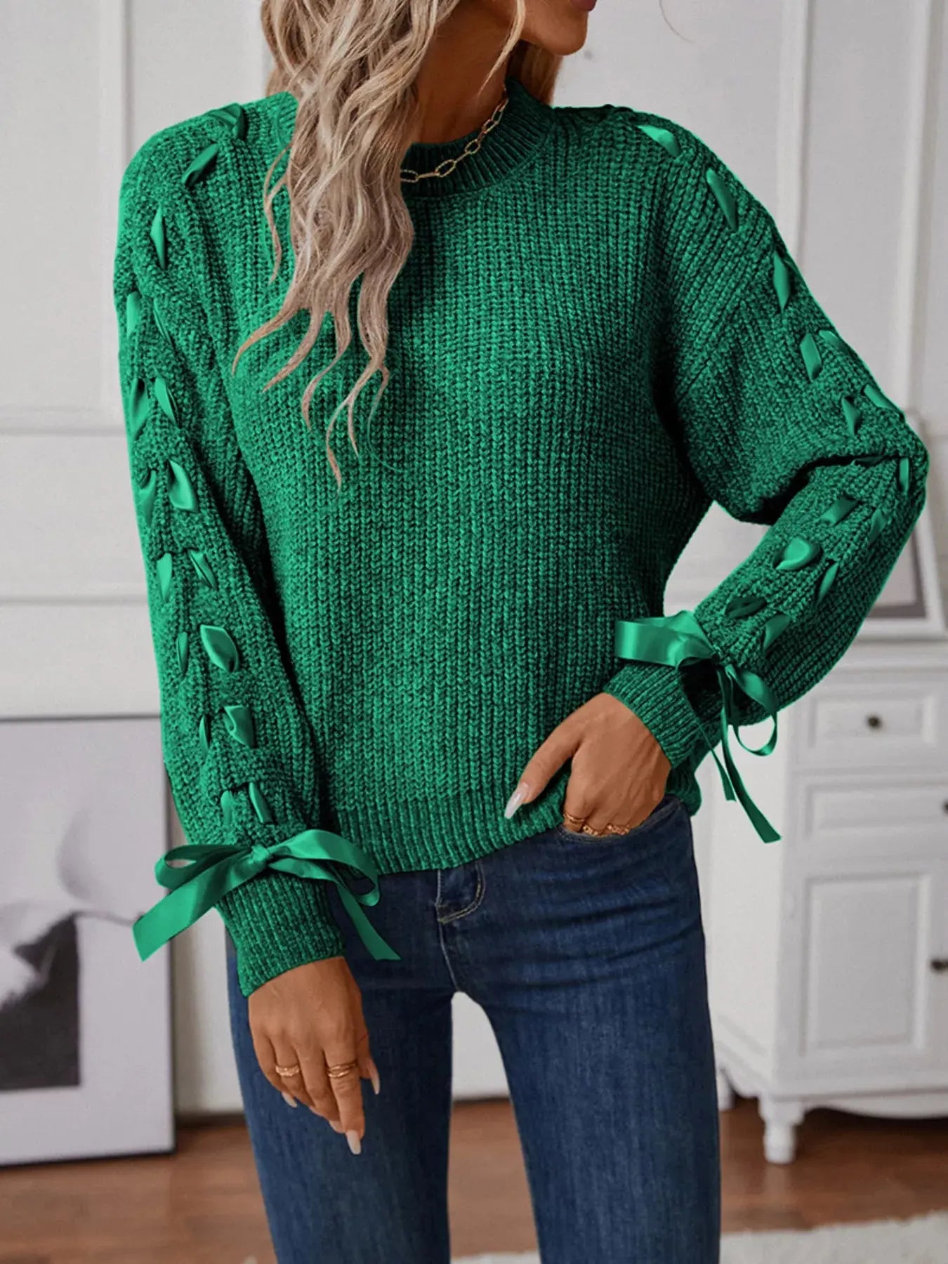Ribbon-Tie Sleeve Round Neck Sweater Simply Love