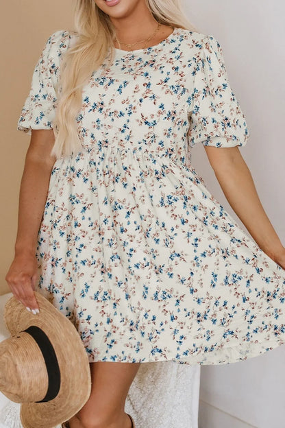 Floral Puff Short Sleeve Empire Waist Mini Dress