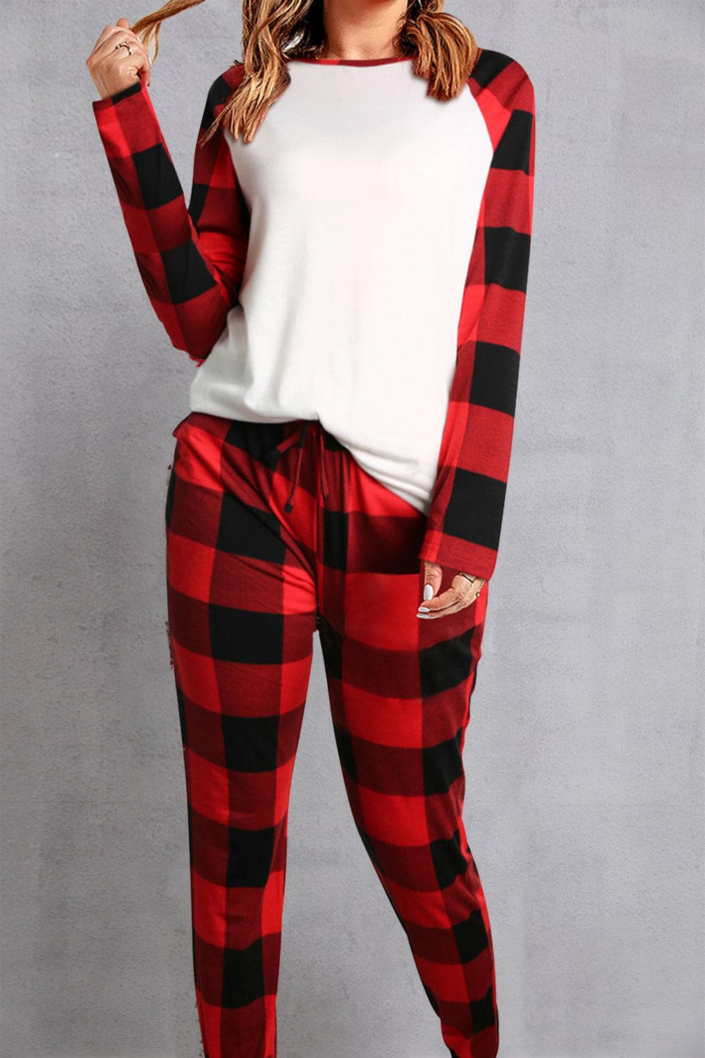 Plaid Round Neck Top and Pants Set.