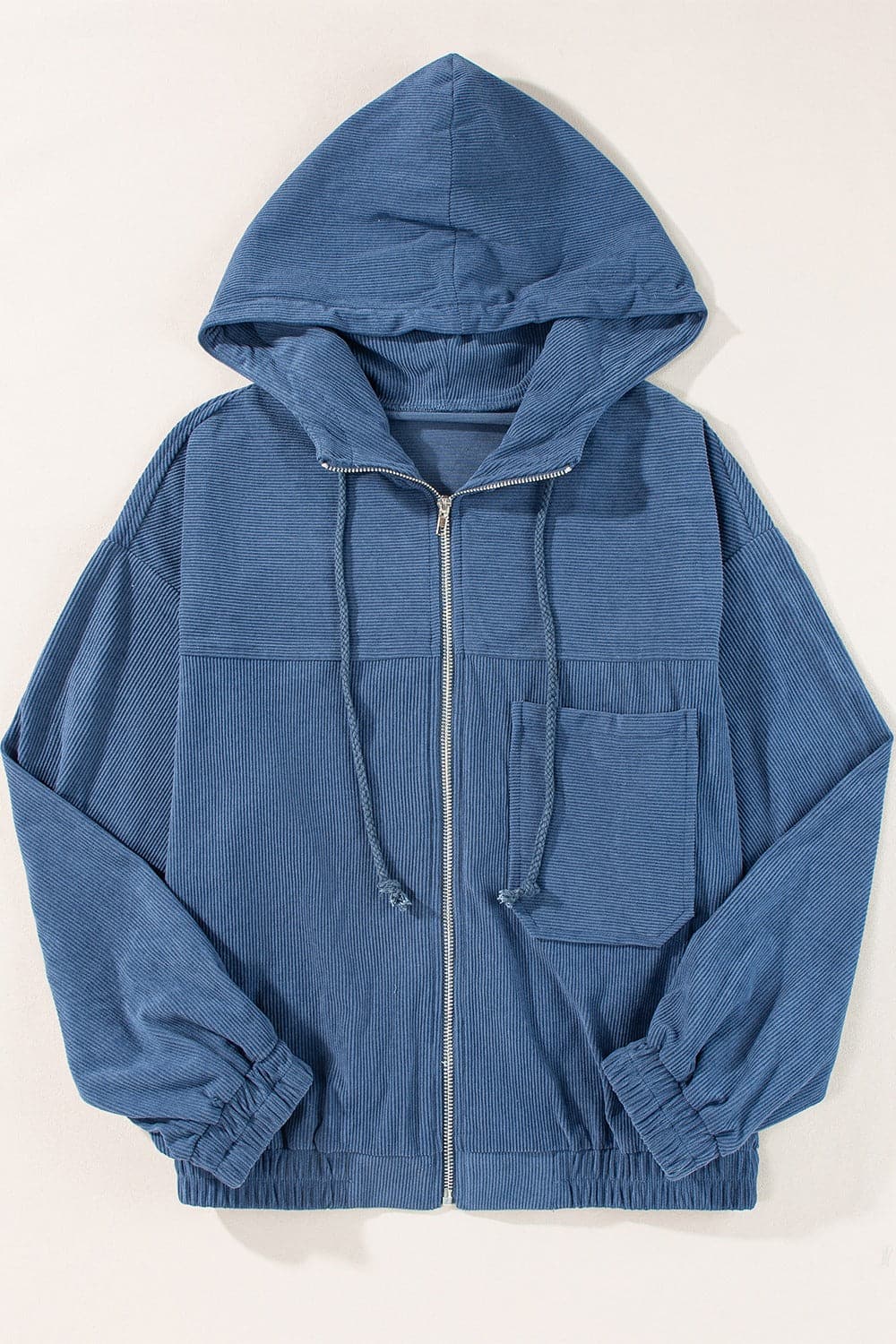 Corduroy Zip Up Long Sleeve Hooded Jacket.