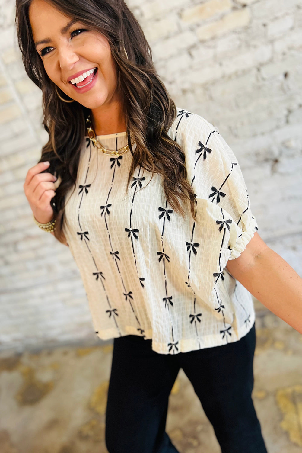 Beige Bow Print Puff Short Sleeve Top for Women Fashion