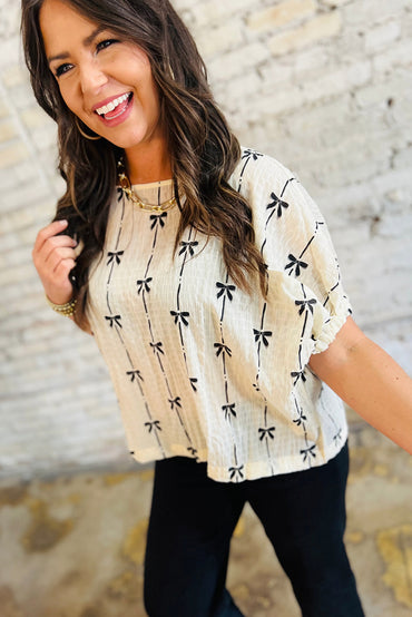 Beige Bow Print Puff Short Sleeve Top for Women Fashion