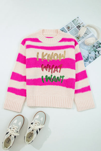 Rose Red I Know Waht I Wat Sequin Letter Graphic Sweater