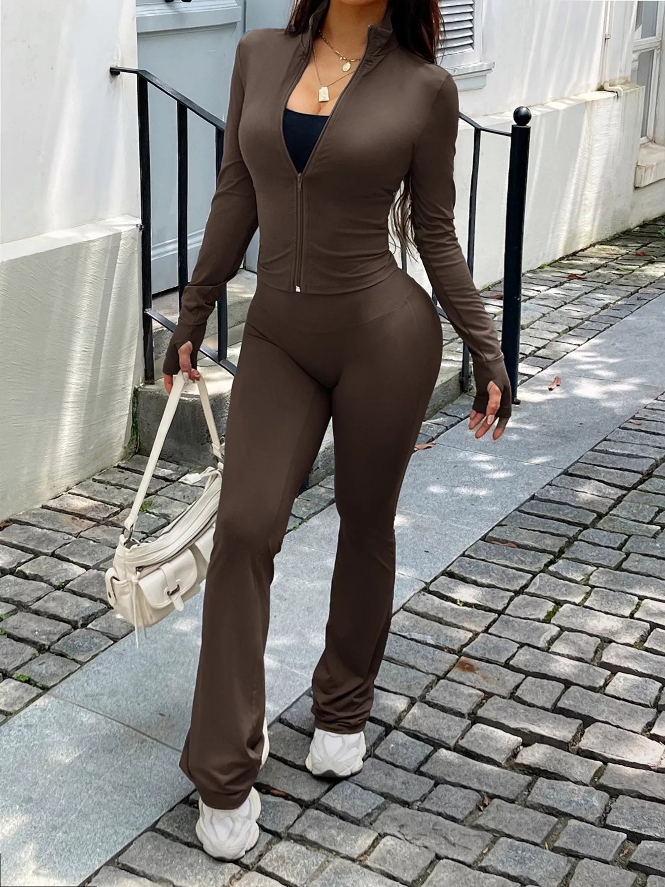 Zip Up Long Sleeve Outerwear and Pants Active Set Simply Love