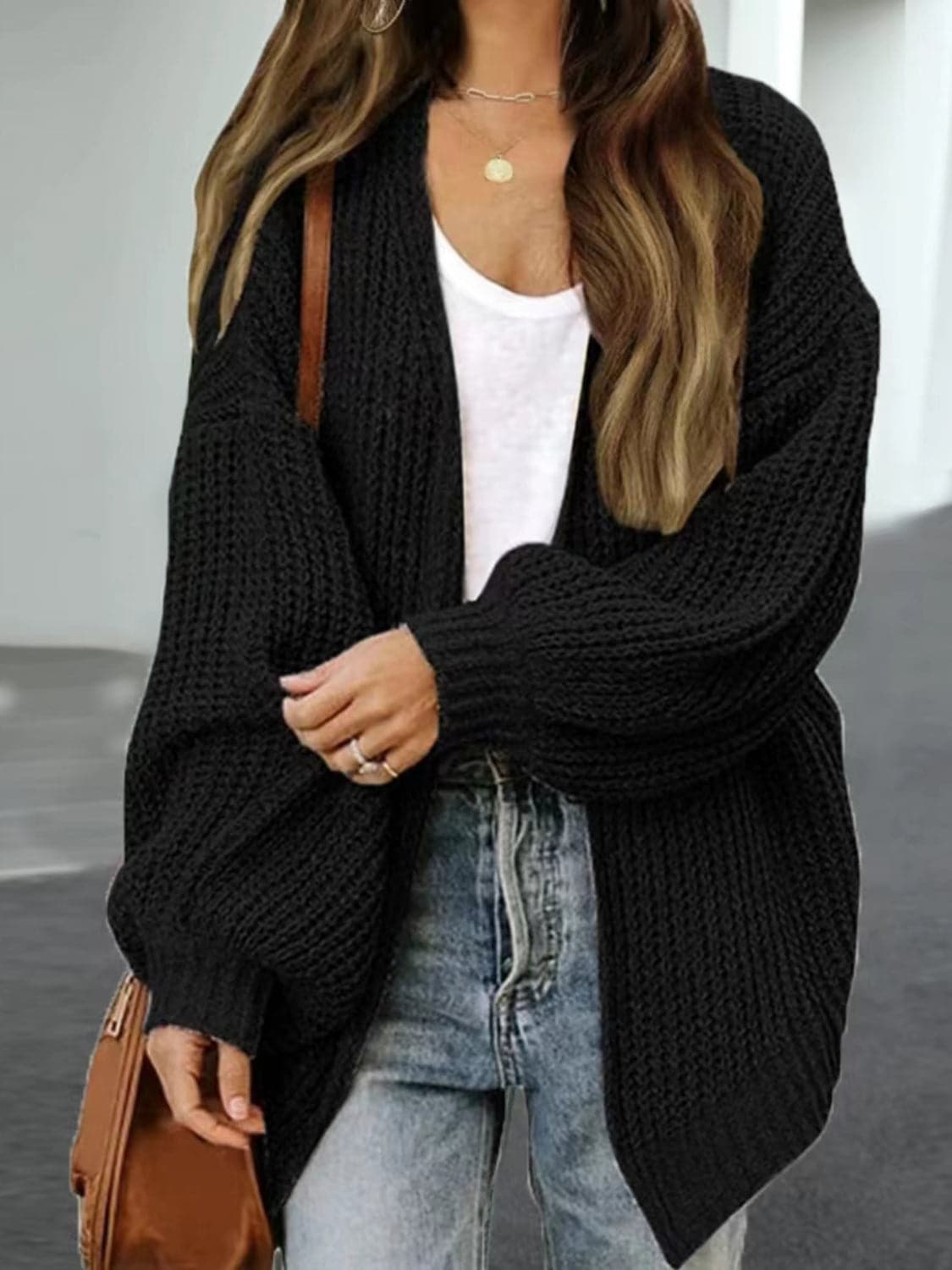 Drop Shoulder Balloon Sleeve Cardigan.