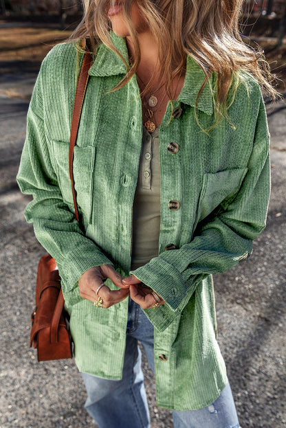 Chic mist green corduroy shacket with patched pockets