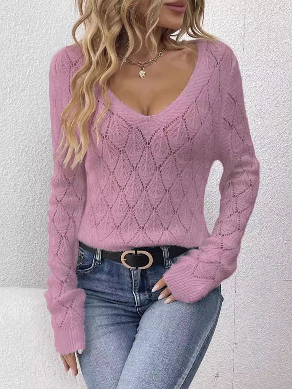 Chic openwork v-neck sweater with long sleeves