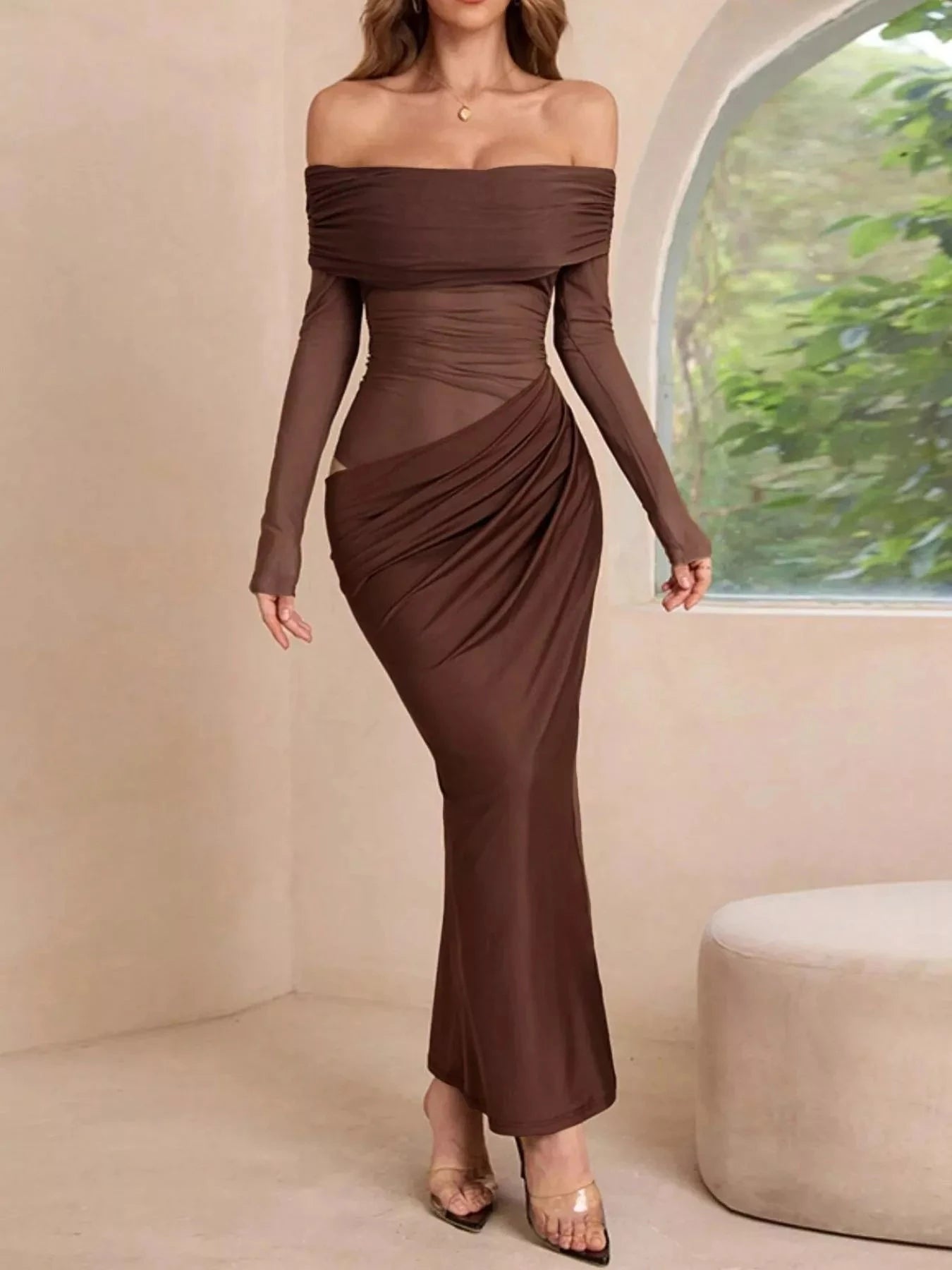 Off-Shoulder Long Sleeve Ruched Bodycon Maxi Dress Coco’s Tee Boutique